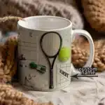 Custom Tennis Theme Ceramic Mug with Name Personalization - Sports Gift for Tennis Lovers – styled in a modern Tabletop