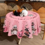 Halloween Round/Traingle Black Pink Tablecloth Pumpkin Spooky Boo Printed Decorative Dining Table Cover for Home Party Decor