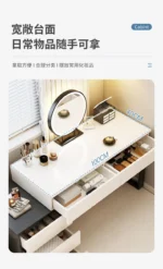 Modern wooden dressing table with mirror and 5 drawers – makeup vanity desk with LED lights and stool in bedroom setting