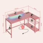 NOST&HOST Pink L Shaped Gaming Desk LED Power Outlets,42" Corner Computer Desk Reversible Shelves Hooks Home Office Bedroom Desk - Image 8