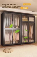 Minimalist open wardrobe closet with metal frame in a modern bedroom setting