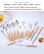 Stainless steel flatware set with wooden handles displayed on a table