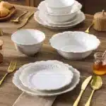 MALACASA 16/32 Piece Plates Dinner Sets Relief White Stoneware Dinnerware Set with 4 PCS Dinner Plate/Dessert/Cereal