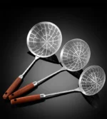 Three sizes of 304 stainless steel strainer with long handles on a kitchen counter