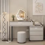 Modern bedroom vanity table with mirror and storage drawers, makeup vanity desk with stool