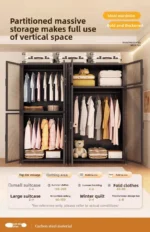 Minimalist open wardrobe closet with metal frame in a modern bedroom setting