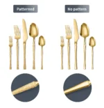 Goldoma stainless steel cutlery set with hammer pattern handles on a wooden table
