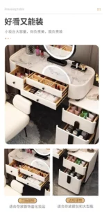 Modern dressing table with mirror and stool in a minimalist bedroom setup