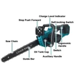 Cordless brushless chainsaw cutting a log in a garden