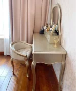 Nordic dressing table with mirror and stool in white solid wood finish