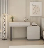 Modern bedroom vanity table with mirror and storage drawers, makeup vanity desk with stool