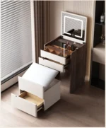 Modern dressing table organizer with shelves for makeup and jewelry in a minimalist bedroom setting