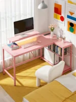 NOST&HOST Pink L Shaped Gaming Desk LED Power Outlets,42" Corner Computer Desk Reversible Shelves Hooks Home Office Bedroom Desk - Image 4