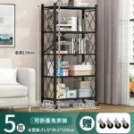 Foldable kitchen shelf with multilayer iron frame in a modern kitchen displaying dishes and spices