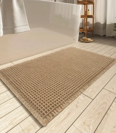 Upgraded Super Absorbent Non Slip Waffle Bath Mat Soft Rubber Backed Bathroom Rug with Tassels Machine Washable Brown