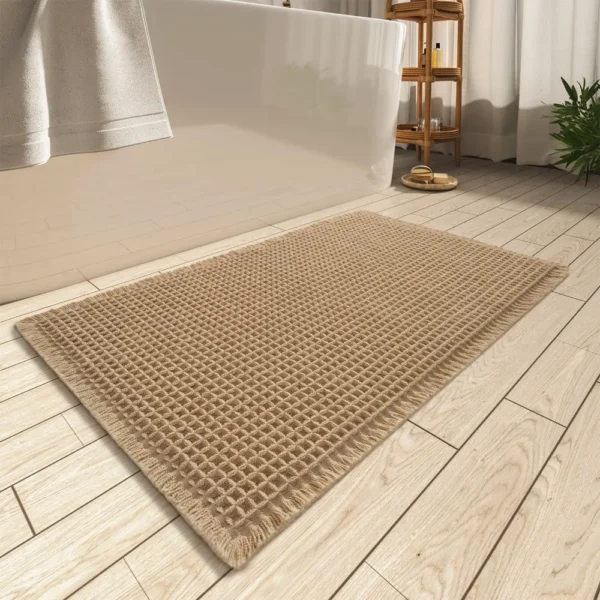 Upgraded Super Absorbent Non Slip Waffle Bath Mat Soft Rubber Backed Bathroom Rug with Tassels Machine Washable Brown