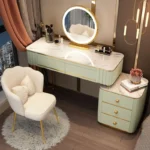 French white wooden dressing table with mirror and stool in a modern bedroom setting