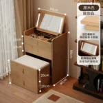 Wooden makeup vanity with mirror and stool in a modern bedroom setting