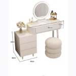 Modern storage vanity table with mirror and stool featuring multiple drawers for bedroom organization