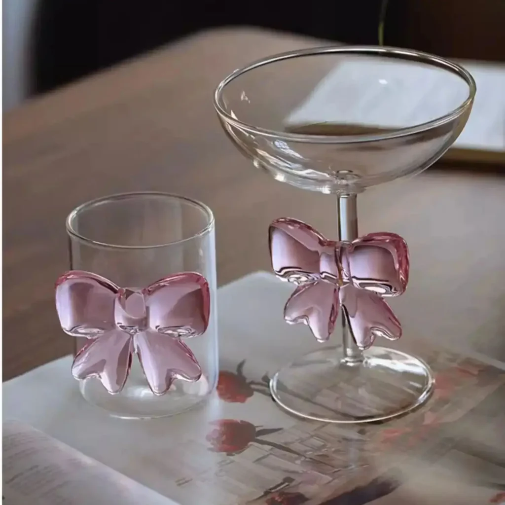 Light luxury Pink Large Bow Glass Cup Heat-resistant Glasses Goblet Champagne Bow Handle Glass High BorosilicateCold Drink