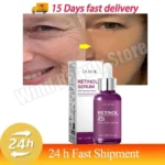 Retinol Lift Firming Serum bottle cap detail, golden liquid visible through glass.