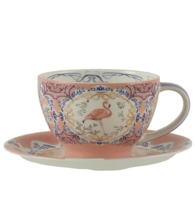 Elegant porcelain cups and saucers set on a wooden table