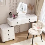 White modern dressing table with mirror and makeup stool - Goldoma furniture