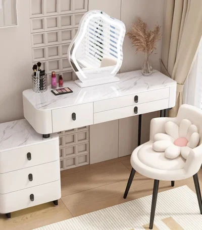 White modern dressing table with mirror and makeup stool - Goldoma furniture