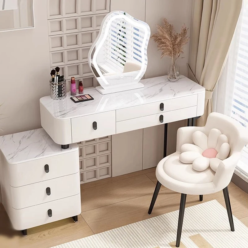 S3667dd92e5214e7182f84dba5649e6f3e.webp White modern dressing table with mirror and makeup stool - Goldoma furniture