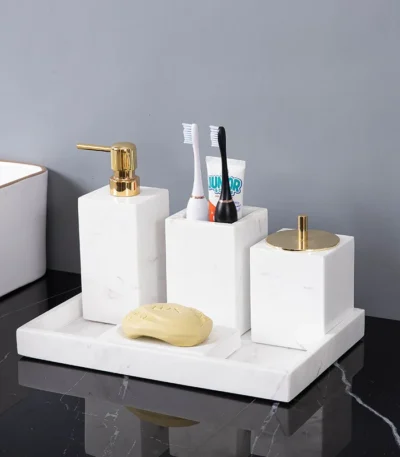Minimalist Volakas White Natural Marble Set for Bathroom Luxury Soap Dispenser Toothbrush Holder Tray Bathroom Set