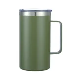24oz double wall coffee mug with handle and leak-proof lid on a wooden table