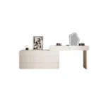 White minimalist wood dresser with mirror and stool in modern bedroom setting