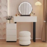 Modern vanity table with mirror and storage drawers in a bedroom setting