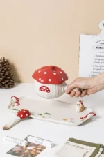 Creative Cartoon Cute Girl Heart Red Mushroom Ceramic Tableware Single Handle Bowl Soup Pot Breakfast Plate – styled in a