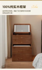 Wooden makeup vanity with mirror and stool in a modern bedroom setting