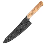Damascus steel chef knife with woven wood handle on cutting board