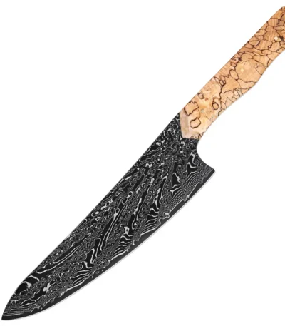Damascus steel chef knife with woven wood handle on cutting board