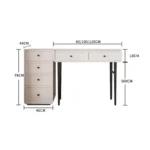 Modern minimalist makeup vanity table with mirror and stool in a bedroom setting