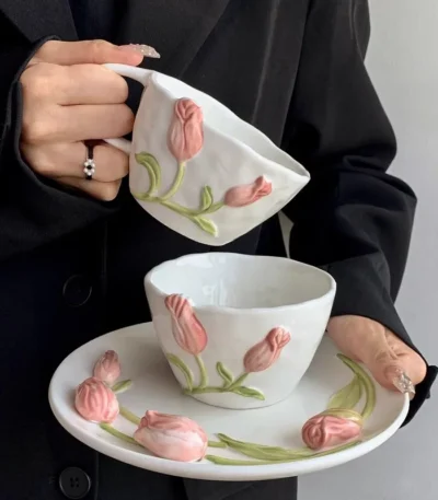European Relief Ceramic Tulip Cup Afternoon Tea Dessert Pastry Tea Cup Painted Flowers Coffee Mug Couple's Water Cup Café