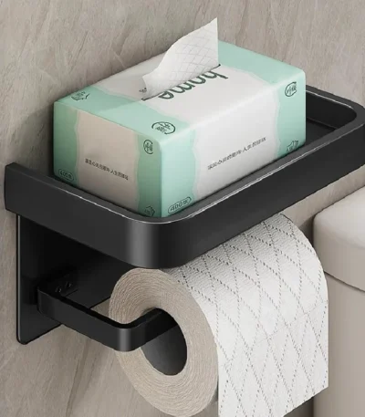 Chrome aluminum toilet paper holder mounted on white wall, roll in place, close-up side view.