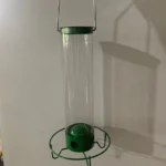 Hanging squirrel proof bird feeder in garden with a chickadee feeding