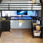 Twin Loft Bed L-Shaped Gaming Desk Storage Hutch Power Outlet Metal Frame RGB Lights Space Saving Teens Black, Customized
