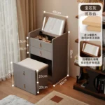 Wooden makeup vanity with mirror and stool in a modern bedroom setting