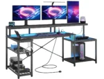 NOST&HOST L Shaped Gaming Desk 71" Computer Desk Power Outlets Monitor Stand Adjustable Shelf Cup Holder Hooks Home Office Black - Image 6