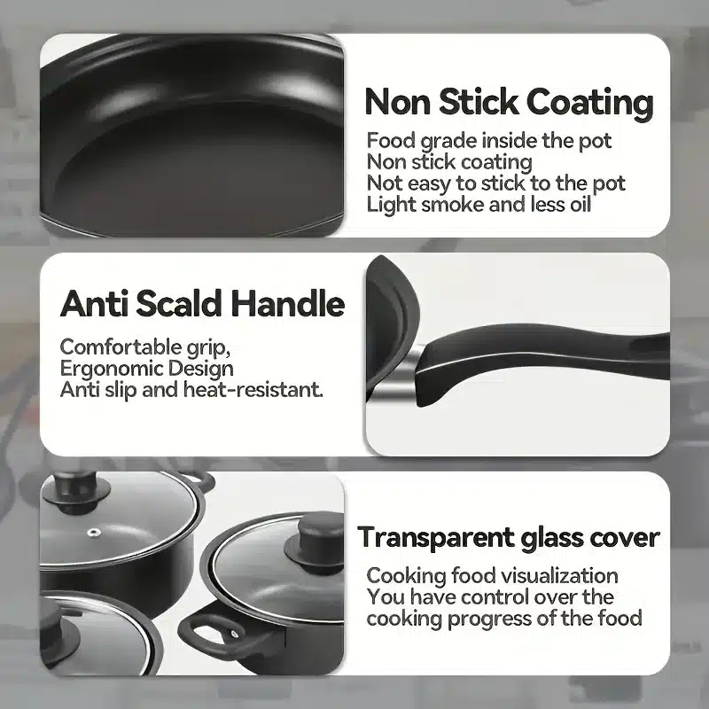 13-Piece Nonstick Cookware Set Black - Induction Compatible Pot Pan Set with Frying Pan & Utensils for Kitchen & Camping