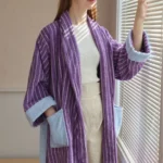 Color Matching Cotton Bathrobe Striped CottonYarn Bathrobes Soft Cozy Absorbent Bath Towel Robes V Neck Hooded Loose