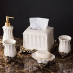 Vintage palace soap dispenser with ornate details, shown against a soft pastel background.