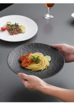Black dish ceramic plate disc white Western restaurant tableware Barbecue grilled meat serving plate Ceramic frosted steak