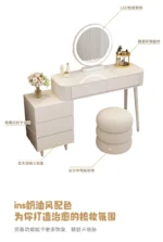 Modern storage vanity table with mirror and stool featuring multiple drawers for bedroom organization