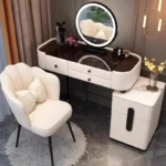 Modern dressing table with mirror and stool in a minimalist bedroom setup
